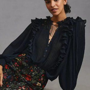 0100 Anthropologie Pleated Ruffled Black Blouse - New XXS Retail $148